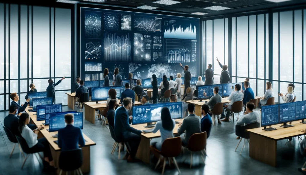 Un espacio de oficina moderno y bullicioso con profesionales diversos analizando gráficos complejos en pantallas grandes, reflejando un entorno de alta tecnología y colaboración.