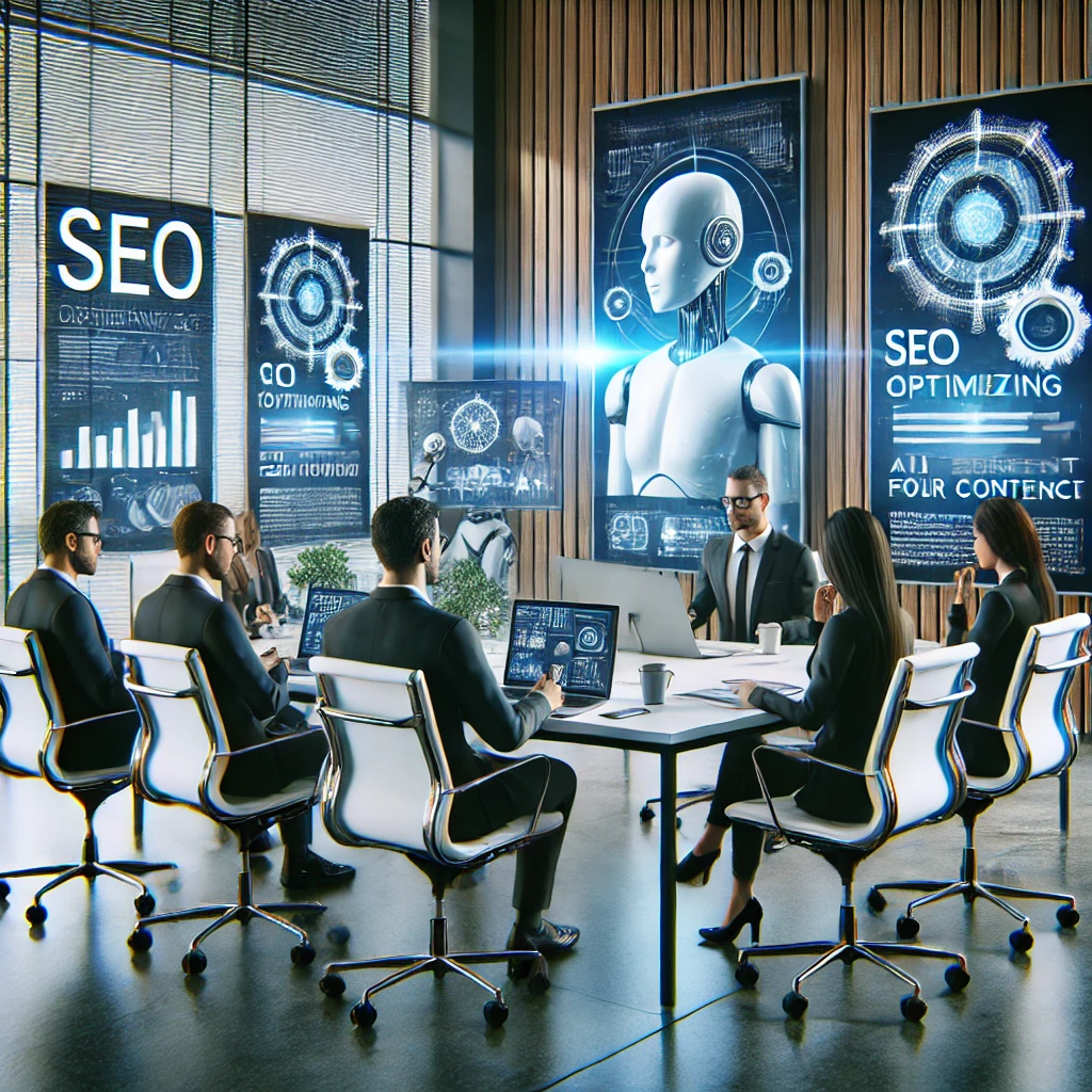 Un equipo de profesionales de SEO en una oficina moderna, discutiendo estrategias para optimizar contenido para plataformas de IA, con pizarras digitales, pantallas de computadora mostrando análisis y herramientas tecnológicas avanzadas.