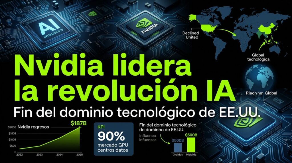 Nvidia lidera IA: fin del dominio EE.UU. en tecnología 4 Nvidia lidera revolución IA con alianzas Meta, OpenAI; fin dominio EE.UU. en chips y tecnología global. Gráfico impacto merca